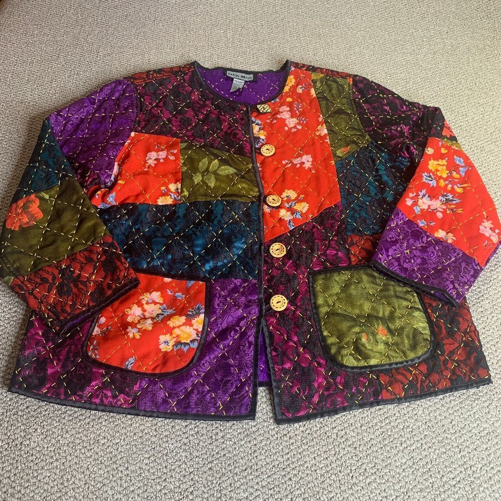 Indigo Moon Womens Jacket 1X Black Patchwork Button Front Pockets Lace Boho